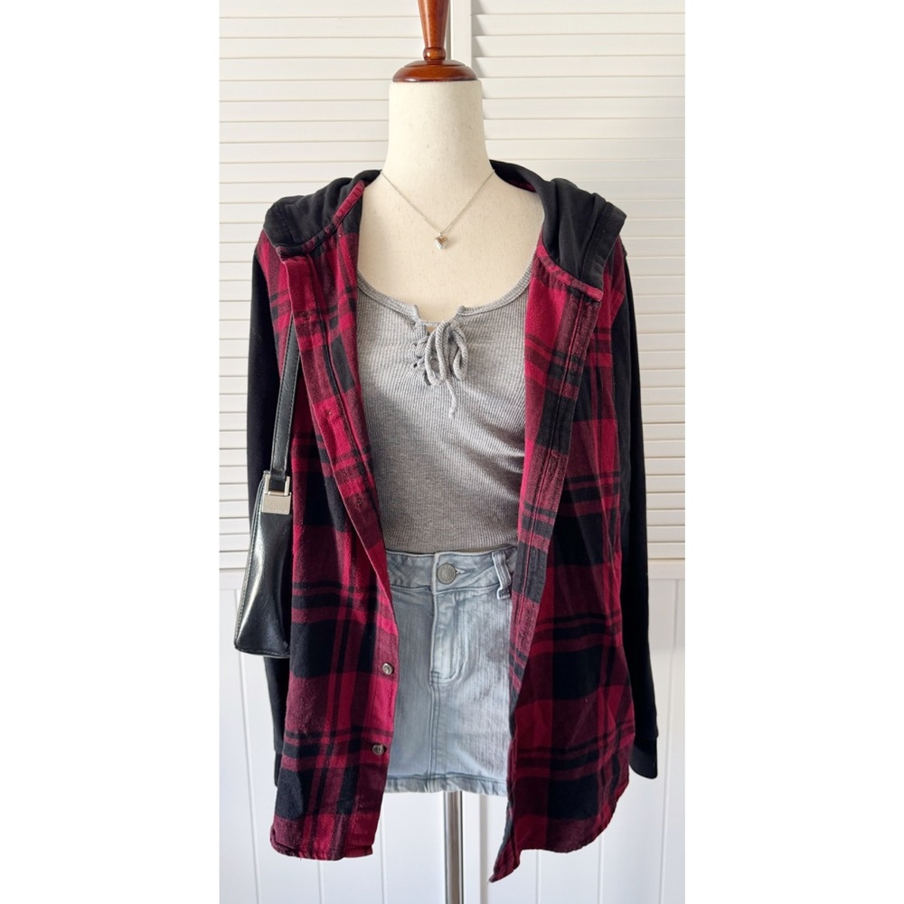 Forever 21 Red and Black Plaid Hooded Button Down Shirt